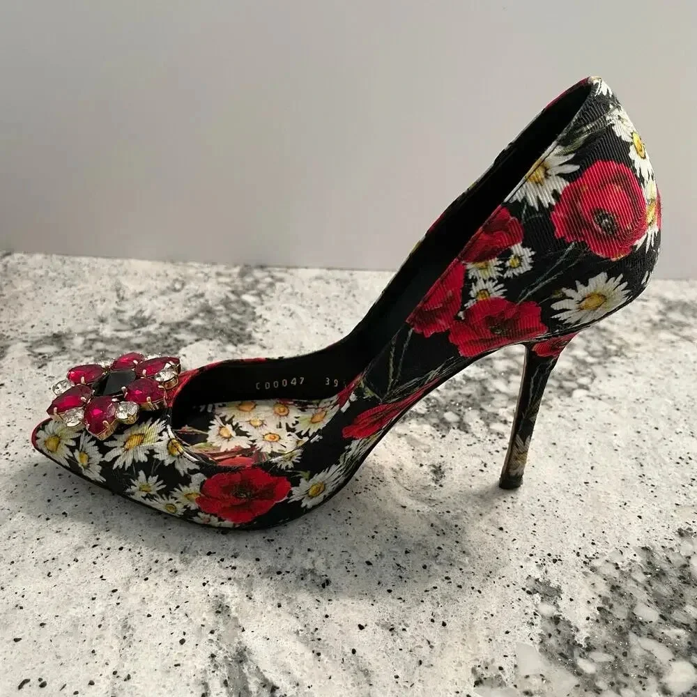 Dolce & Gabbana Pumps Floral Print Crystal Flower High Stiletto Heel Size 39.5